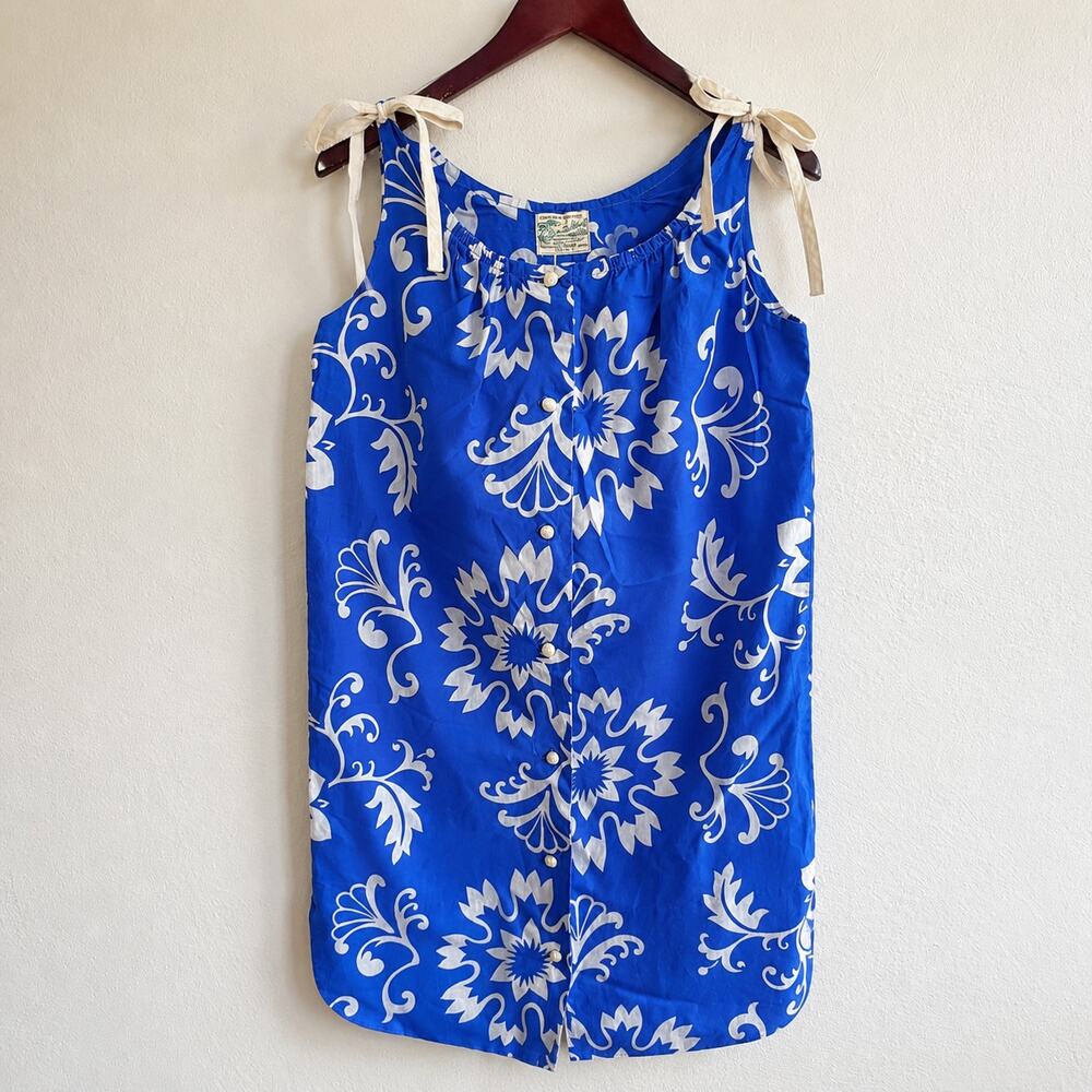 Vintage Diamond Head Hawaiian Blue White Floral Tie Strap Shift Dress Small